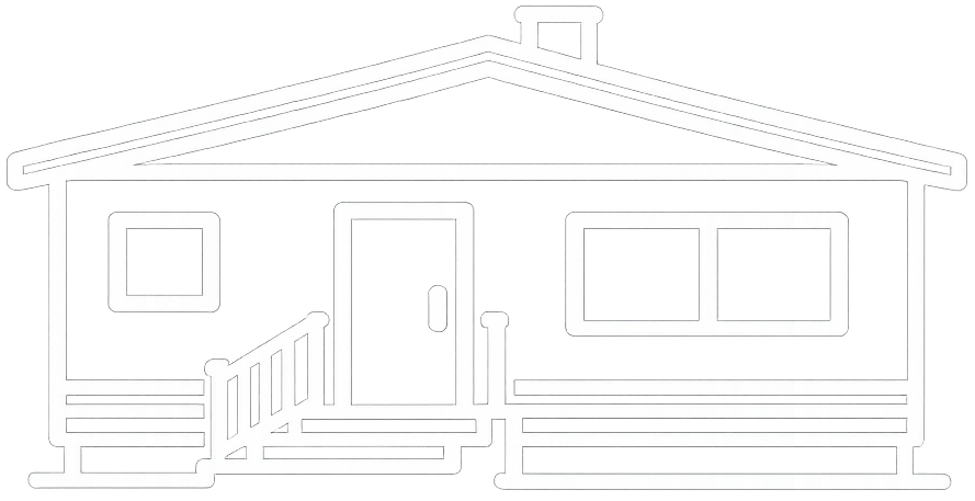 Outline of a house with a front door, windows, stairs, and a chimney.