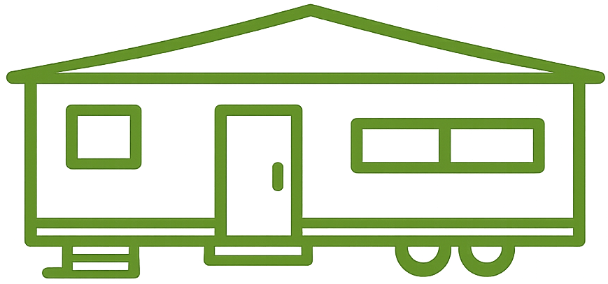 Outline of a green mobile home with a door, two windows, steps, and two wheels.