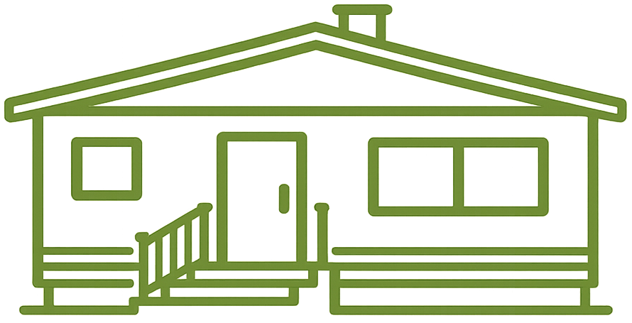 Outline of a single-story house with a door, three windows, chimney, and stairs in green.