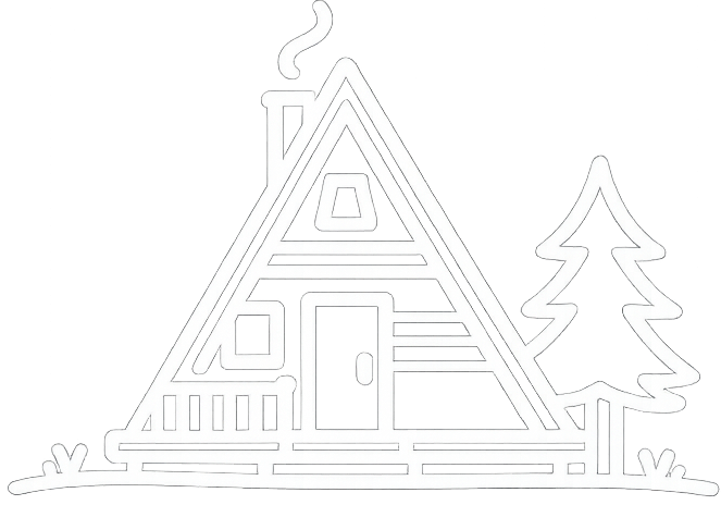 White outline drawing of an A-frame chalet with chimney smoke and a pine tree beside it.