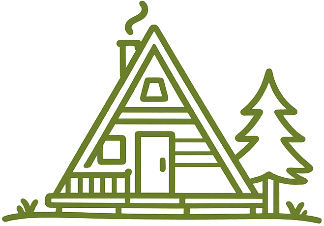 Green line drawing of an A-frame cabin with smoking chimney and a pine tree beside it.