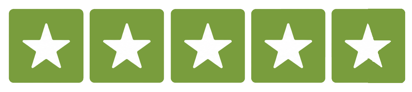 Five white stars inside green squares representing a five-star rating.