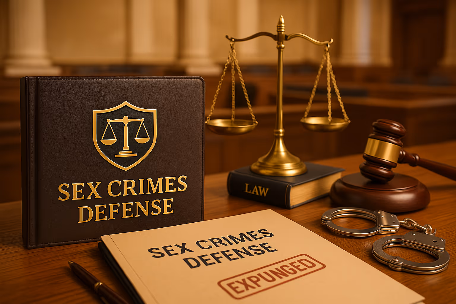 A courtroom with a desk with signage for sex crimes defense legal services.