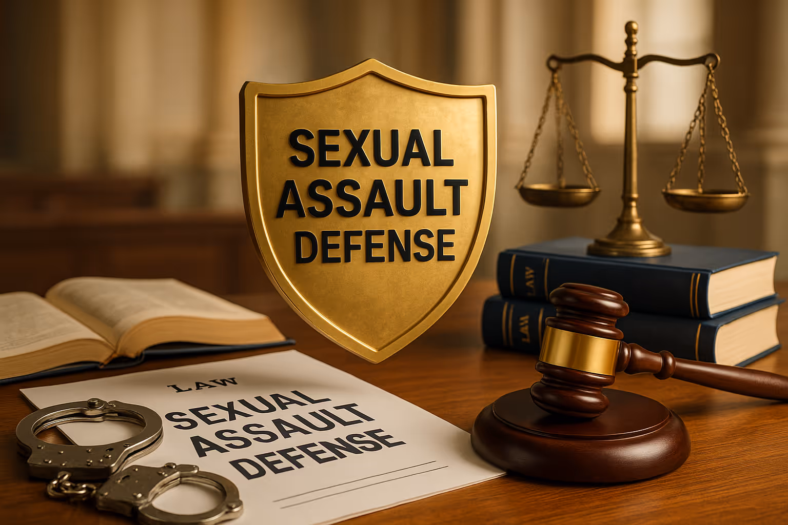 A courtroom with a desk with signage for sexual assault defense legal services.