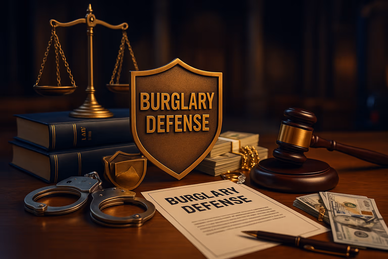 A courtroom with a desk with signage for burglary defense legal services.