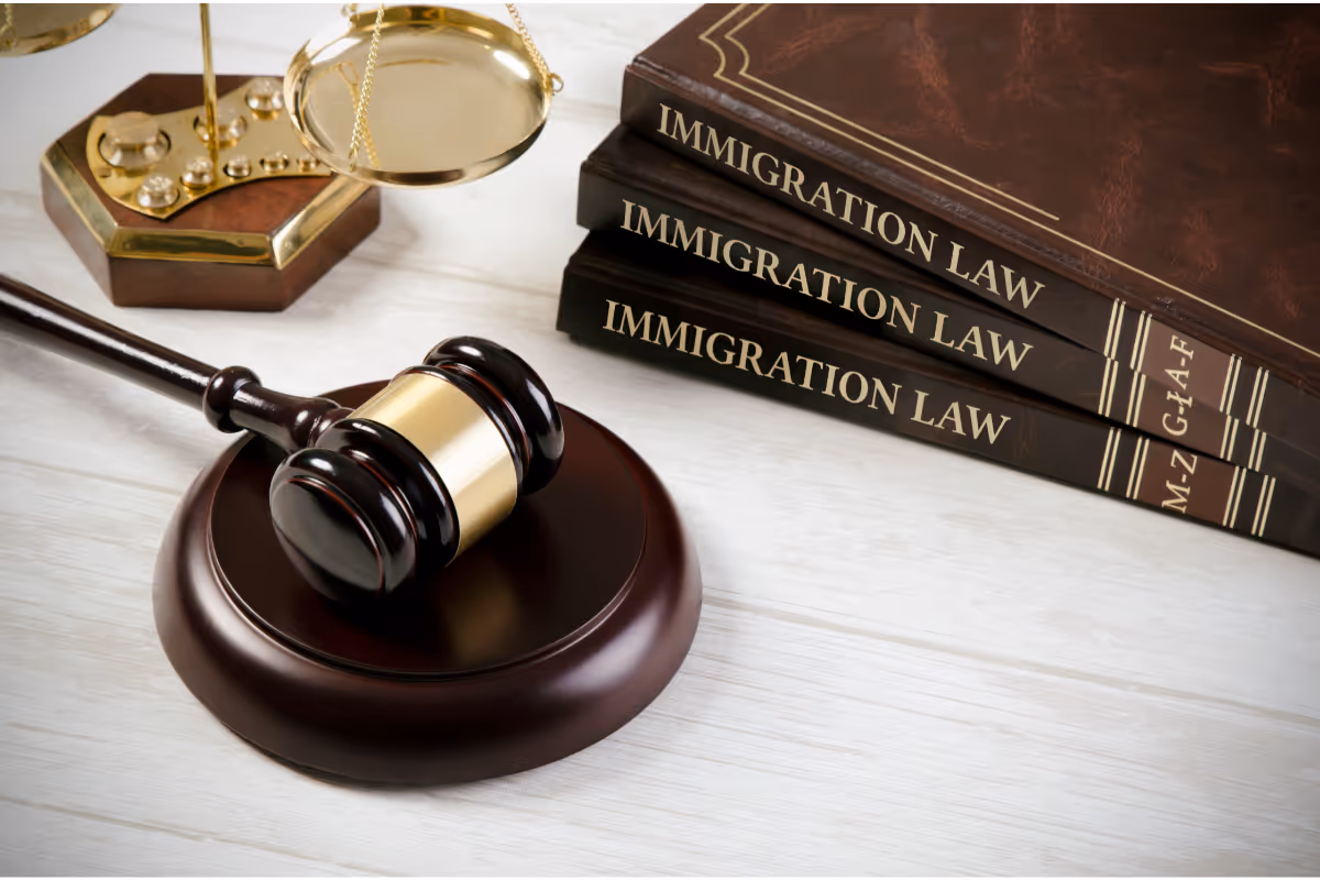 Immigration Law text books and a gavel.