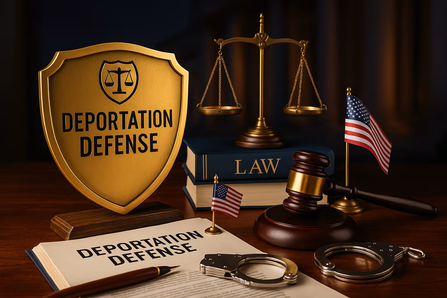 A courtroom with a desk with signage for deportation defense legal services.