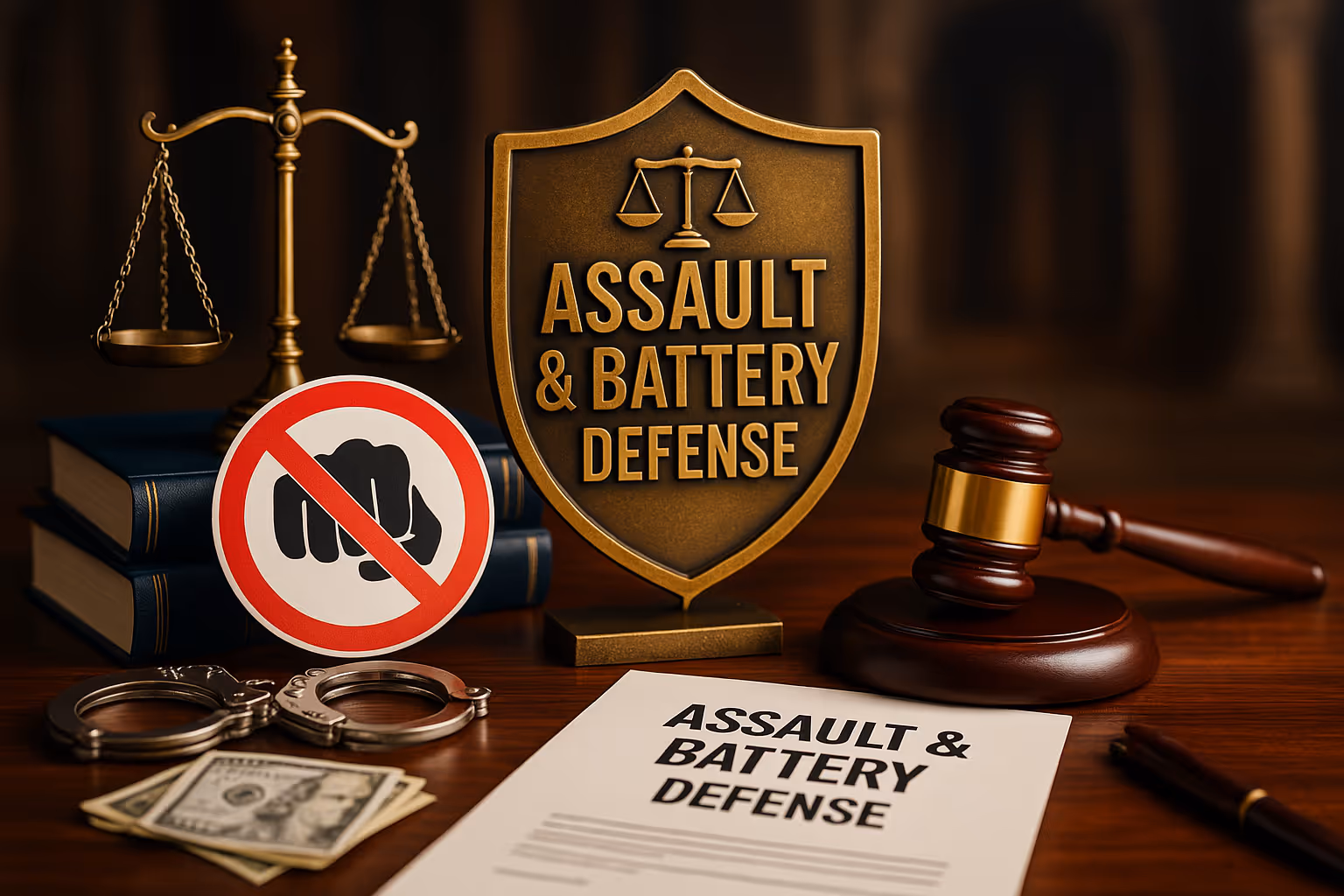 A courtroom with a desk with signage for assault & battery defense legal services.