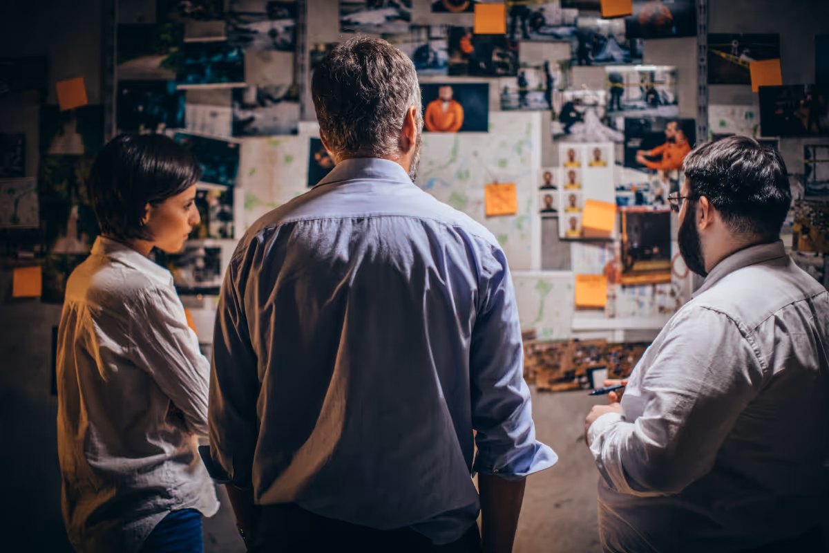 Three investigators looking at an evidence board.