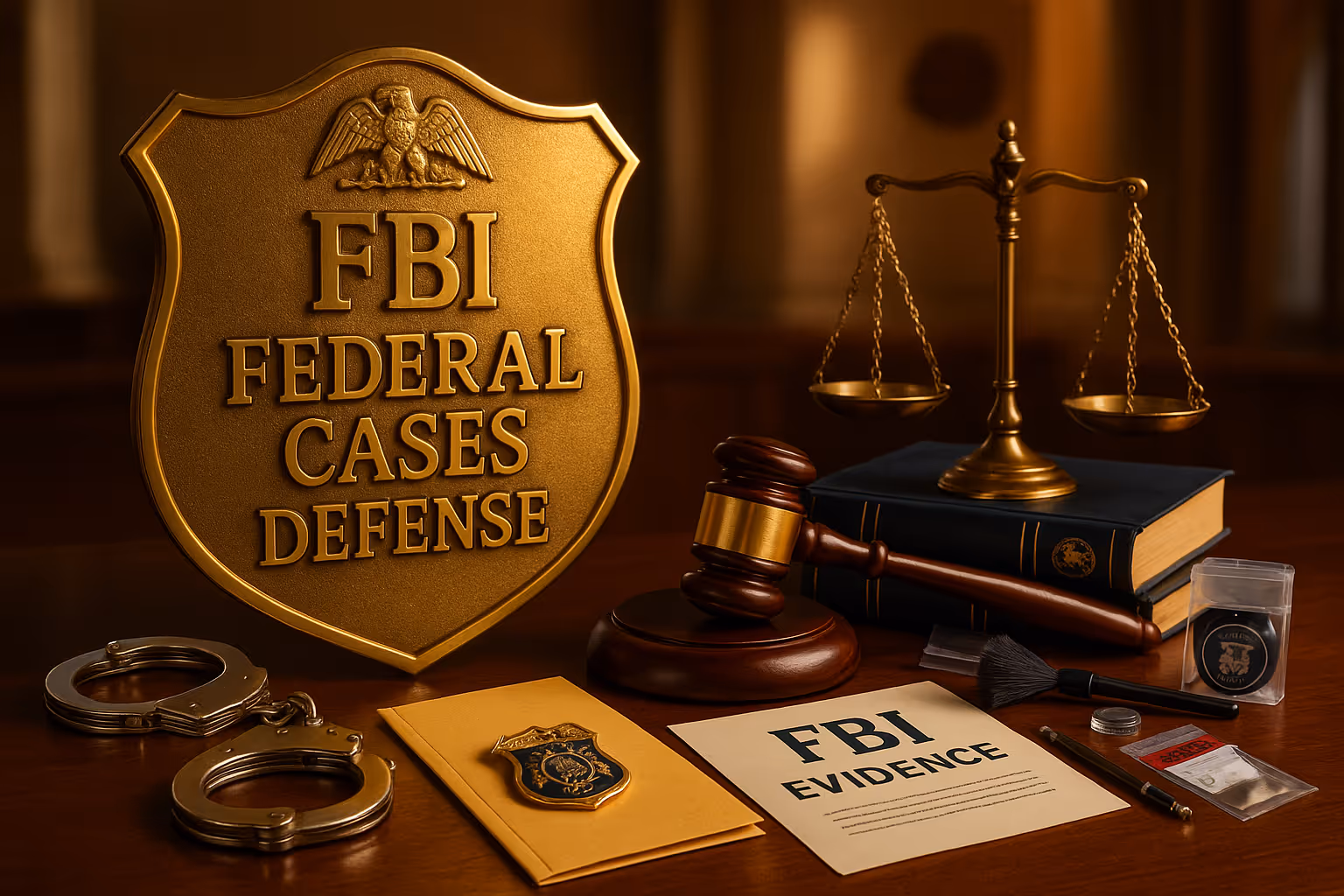 A courtroom with a desk with signage for FBI Federal Cases defense legal services.
