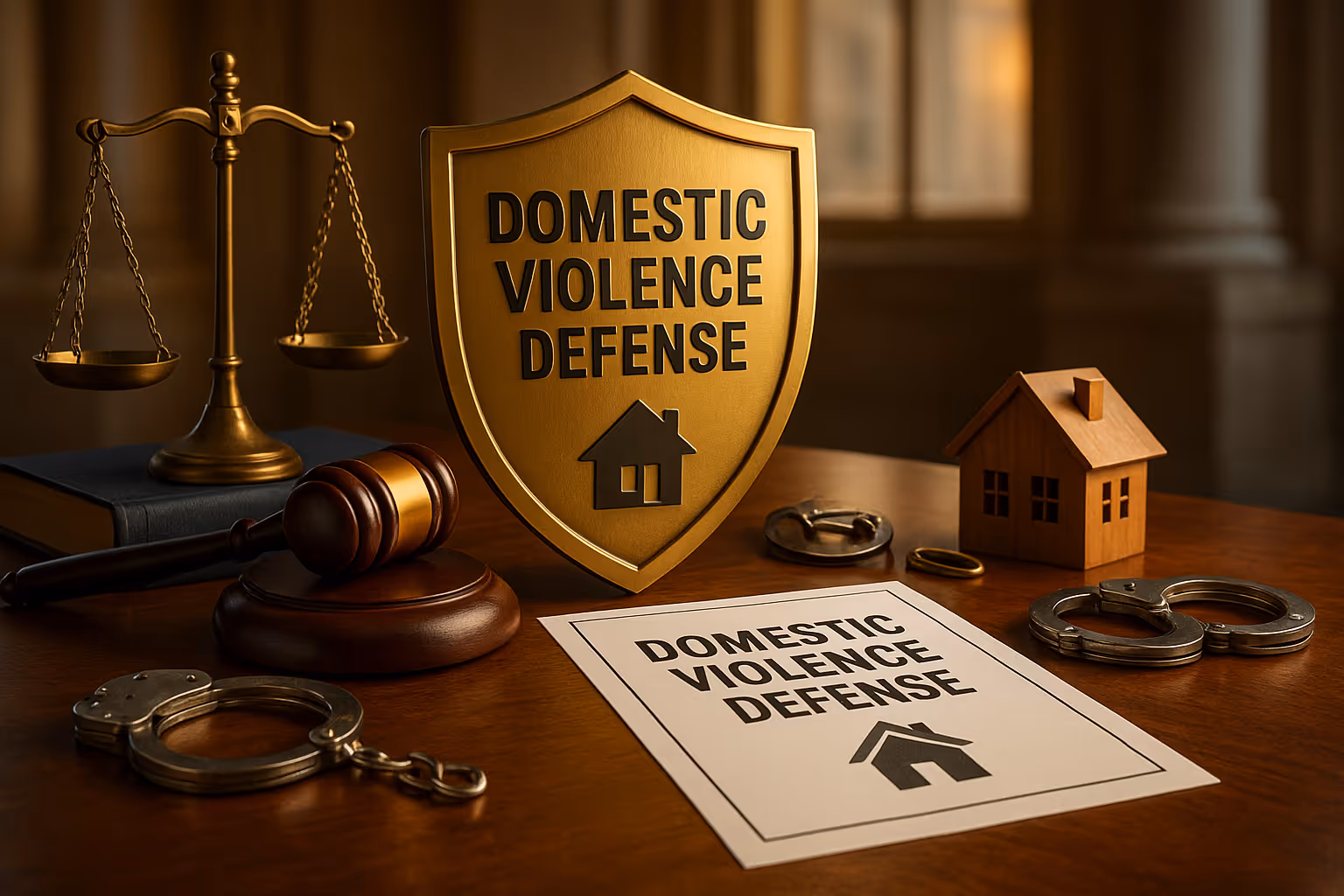 A courtroom with a desk with signage for domestic violence defense legal services.
