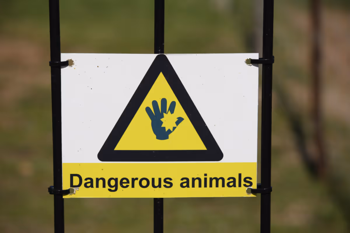A warning sign on a gate indicating Dangerous animals
