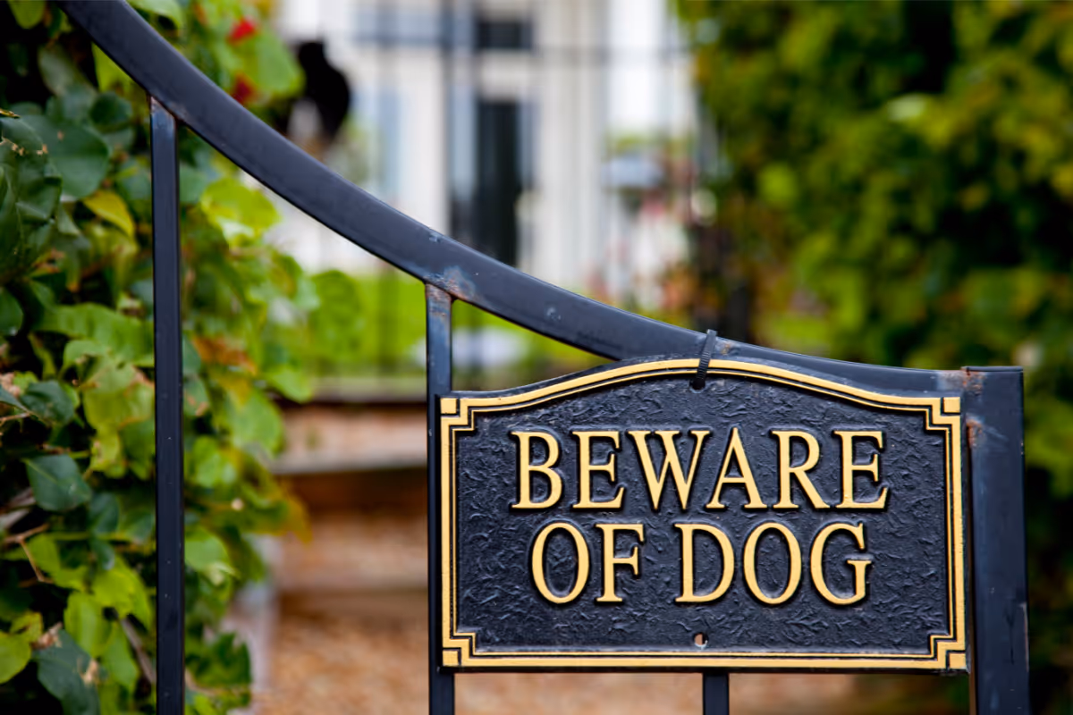 A sign on a gate for beware of dog