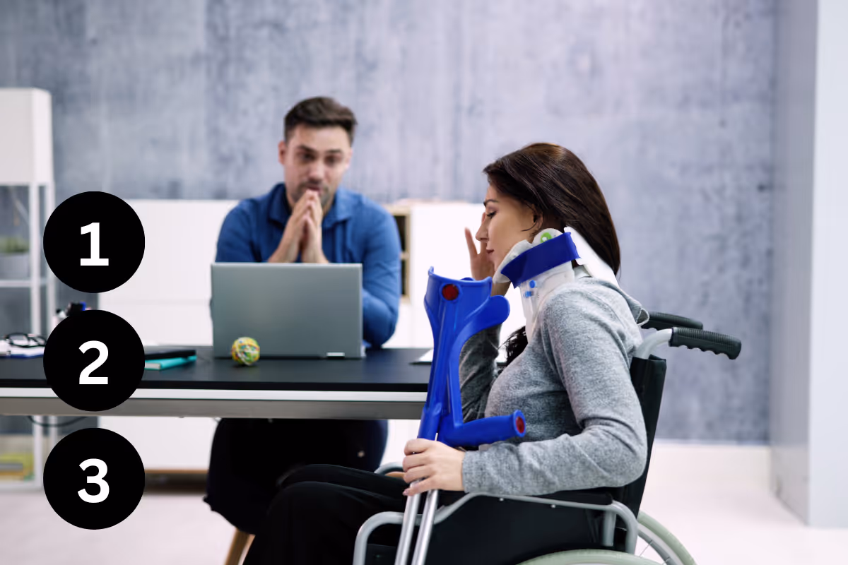 Woman in neck brace consulting about her injuries