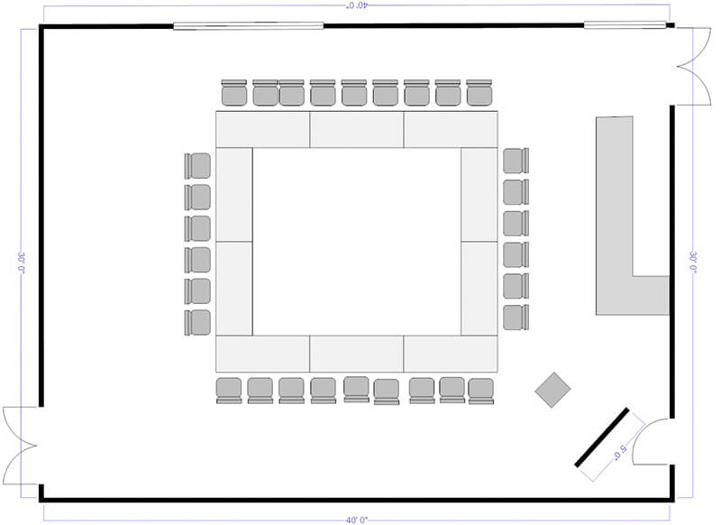 Room layout plan for the Audre Lorde Room showing 30 chairs arranged in a square formation with side entrance orientation.