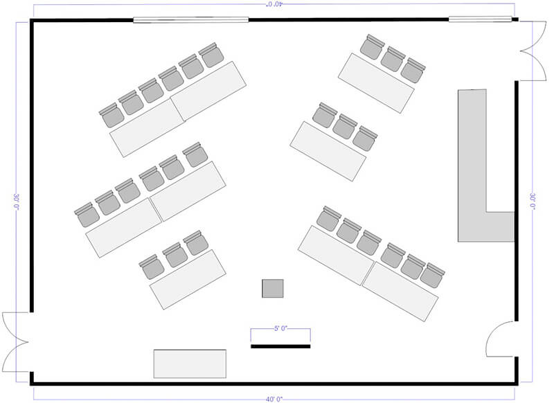 Alternative layout plan of the Audre Lorde Room with 27 chairs set around angled tables.