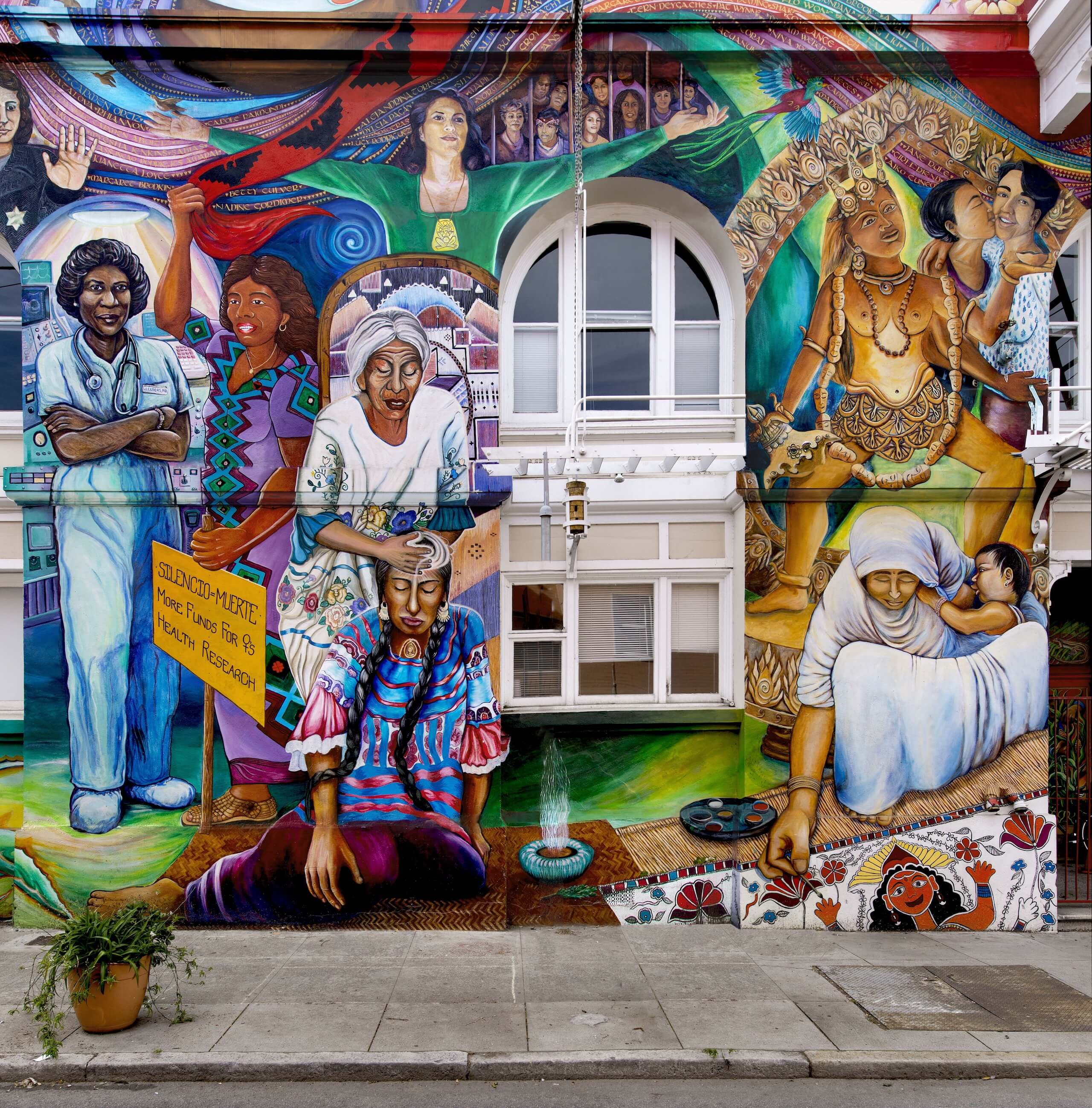 Mural featuring women in medical professions and healing traditions, with cultural representations from South Asia.