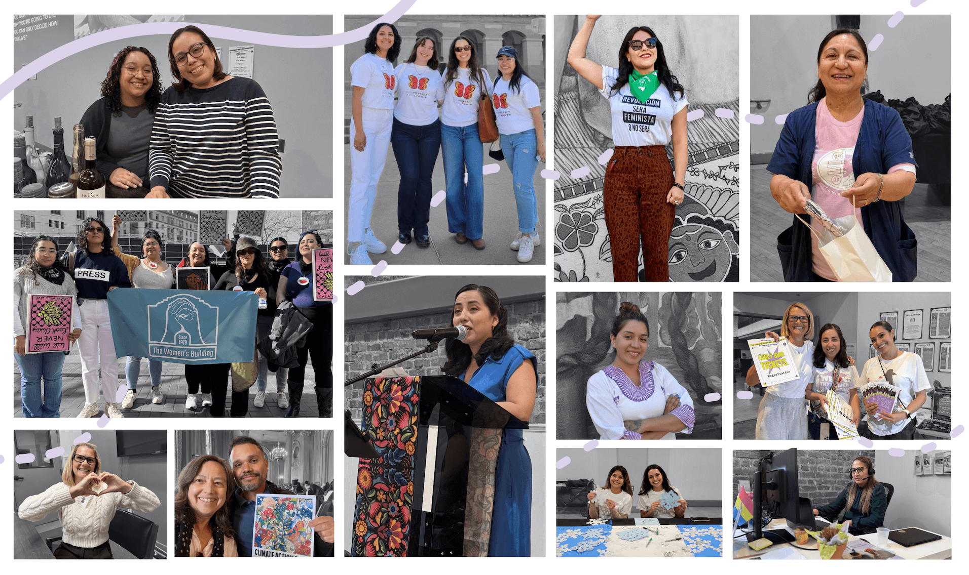 Collage featuring the dedicated staff of The Women’s Building, shown organizing, speaking, creating, and celebrating together as a powerful, united team serving their community.