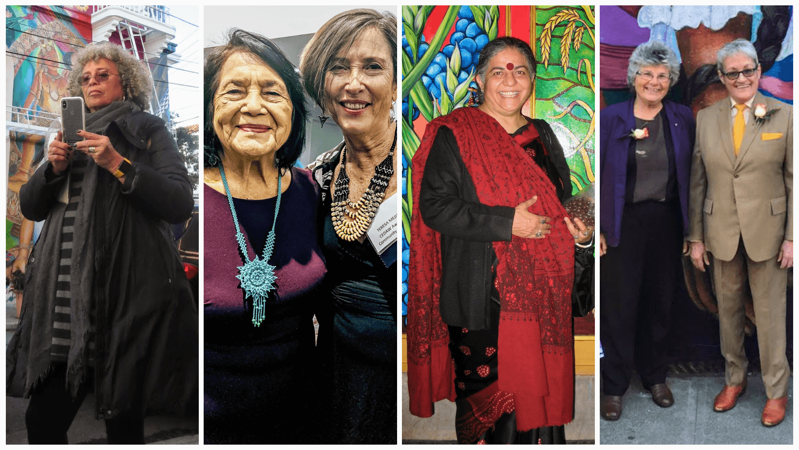Portrait collage featuring iconic activists and leaders—including Angela Davis, Dolores Huerta, Vandana Shiva, and others—who represent the powerful legacy of The Women’s Building and its historic role in feminist and social justice movements.