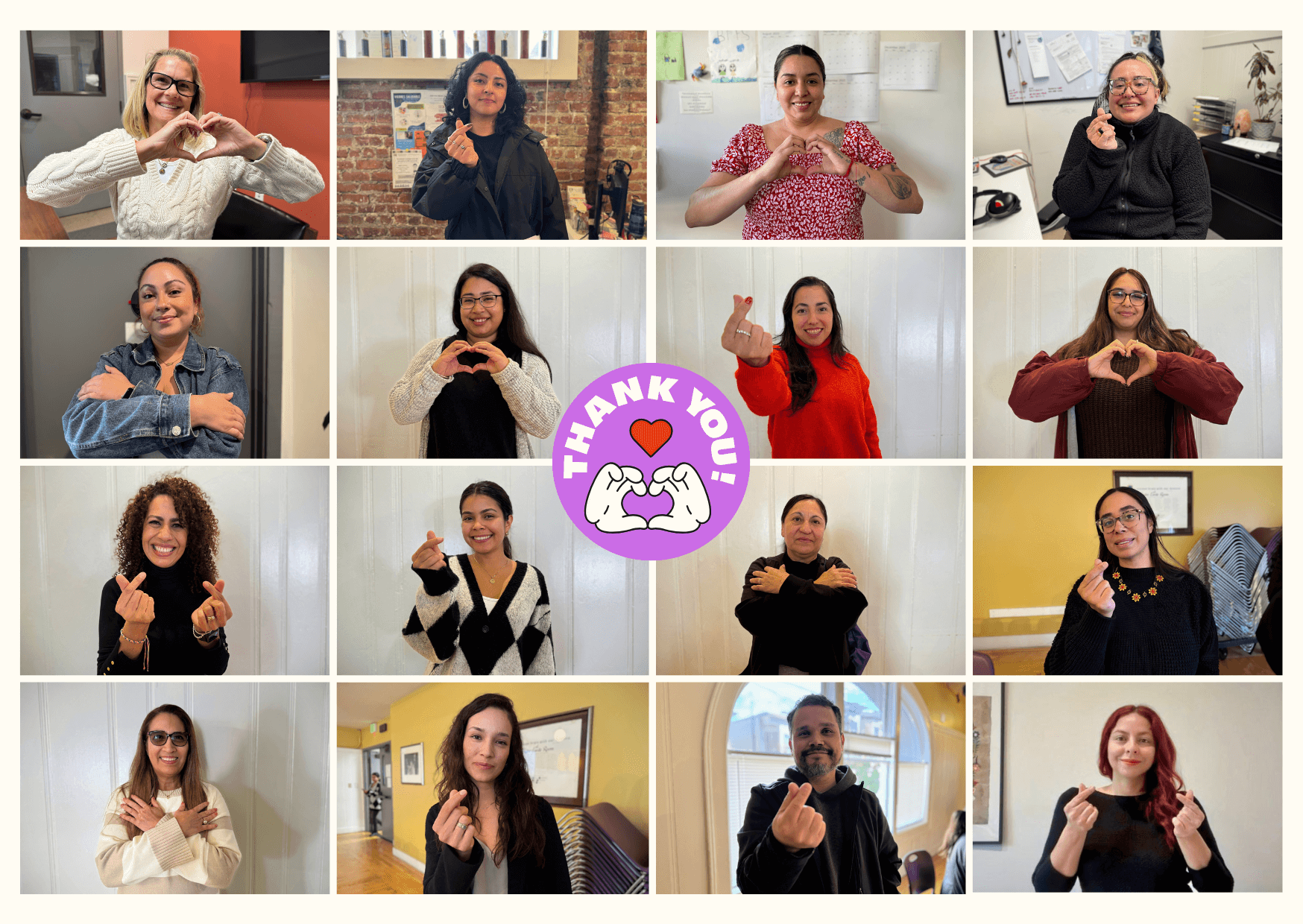 A collage of 16 staff members from The Women’s Building making heart and love hand signs, with a central purple graphic that says “Thank You!” and features a heart held by two hands, as part of a holiday appreciation message.