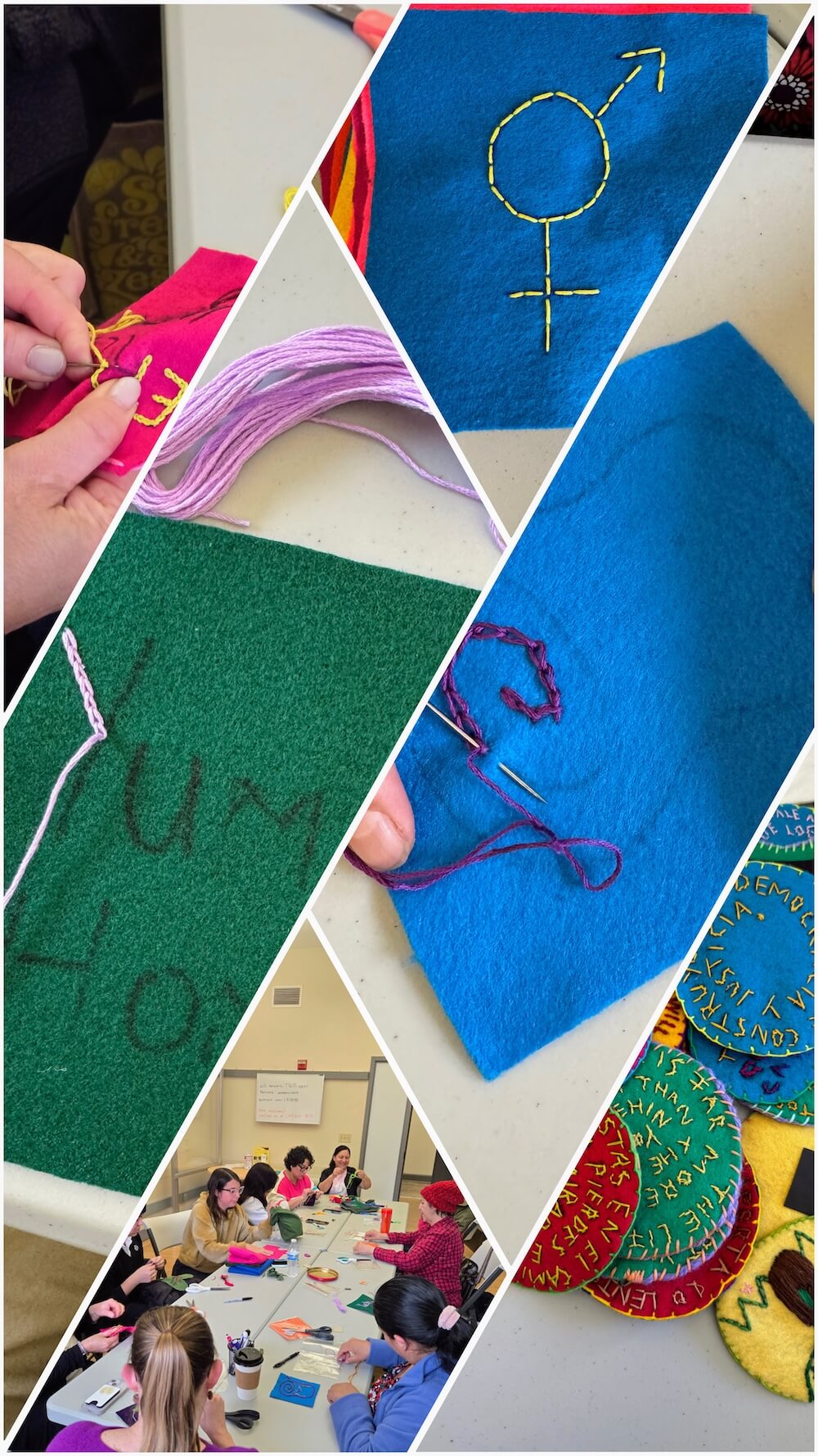 A collage of photos showing participants hand-stitching words and symbols onto colorful fabric pieces during a community wellness workshop focused on art and healing.