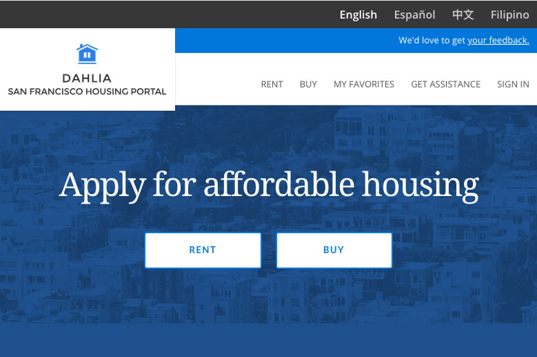 Screenshot of the Dahlia San Francisco Housing Portal website, showing options to apply for affordable housing through rent or buy programs.