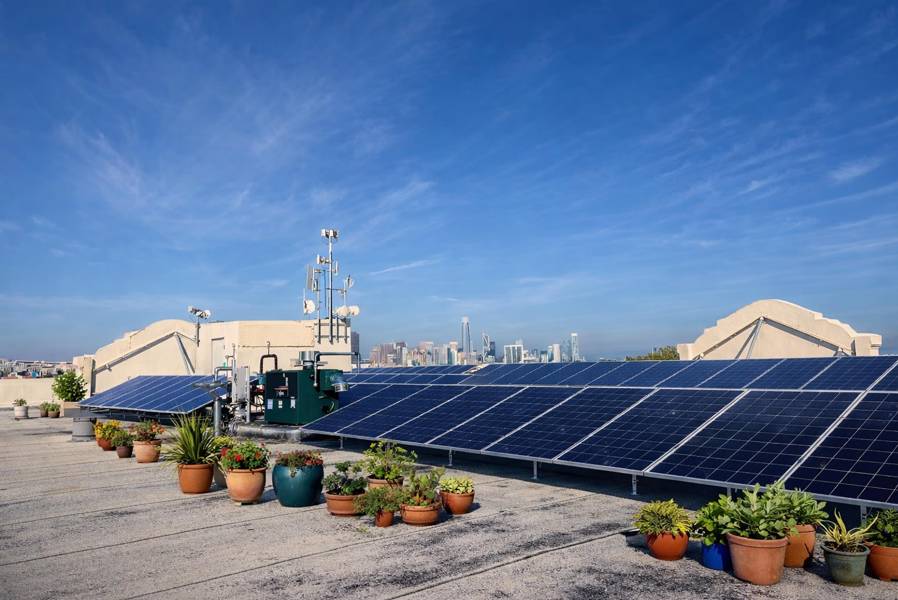 AI-generated rendering showing solar panels installed on the roof of The Women’s Building, illustrating a proposed renewable energy upgrade for the fundraising campaign.