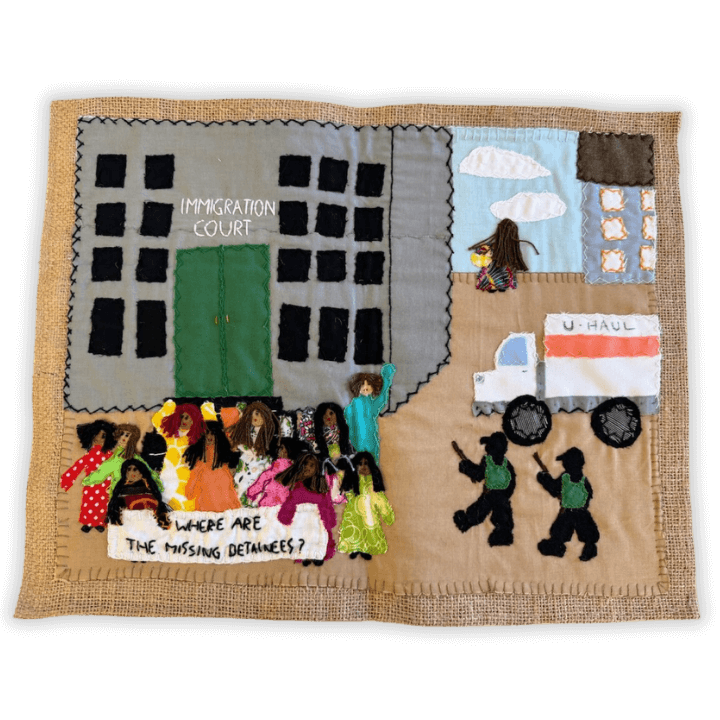 Fabric mural depicting immigration court, protestors, and themes of justice and displacement.