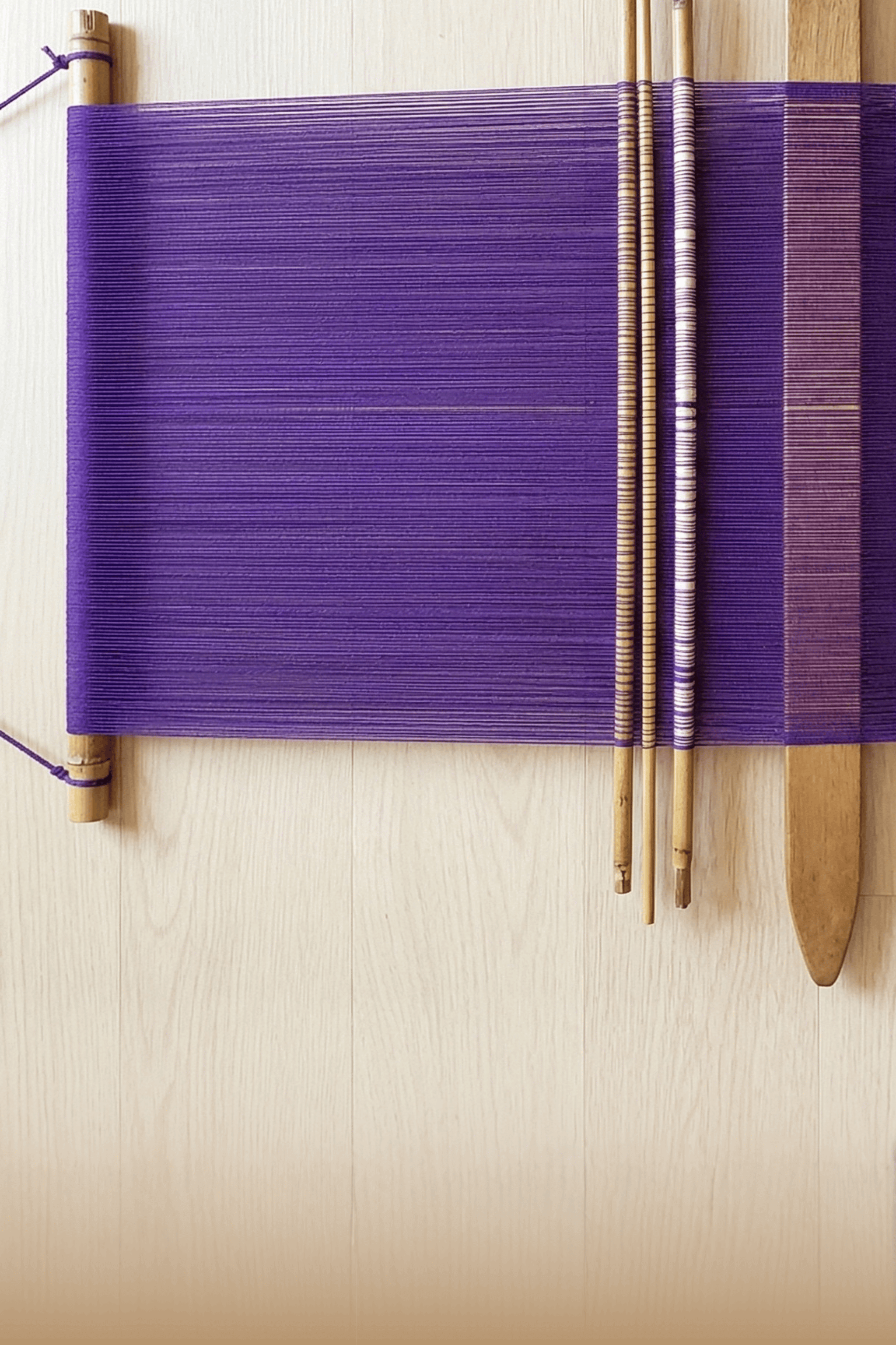 Handwoven purple textile stretched on a wooden loom symbolizing unity and collective power.
