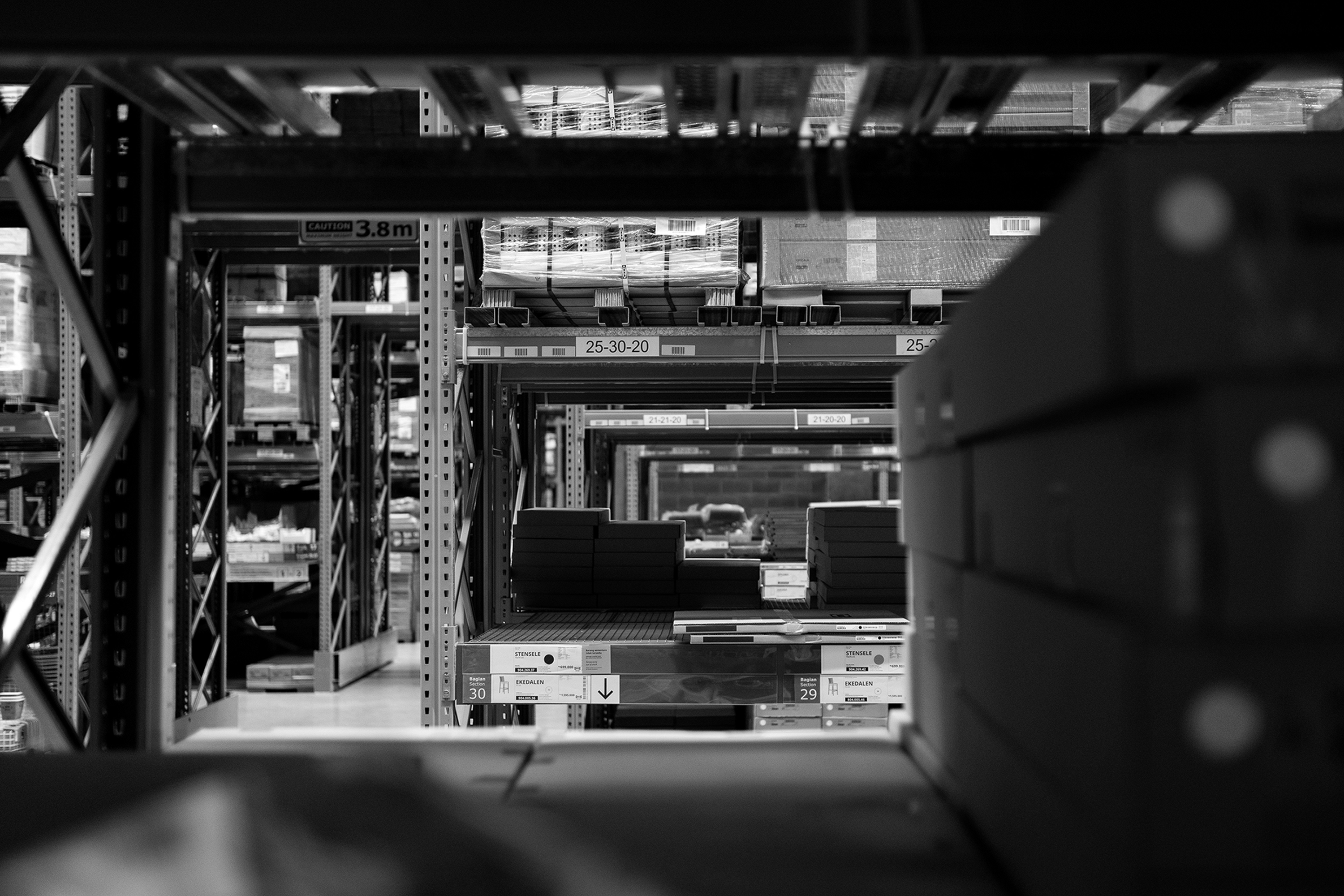 Warehouse shelving units.