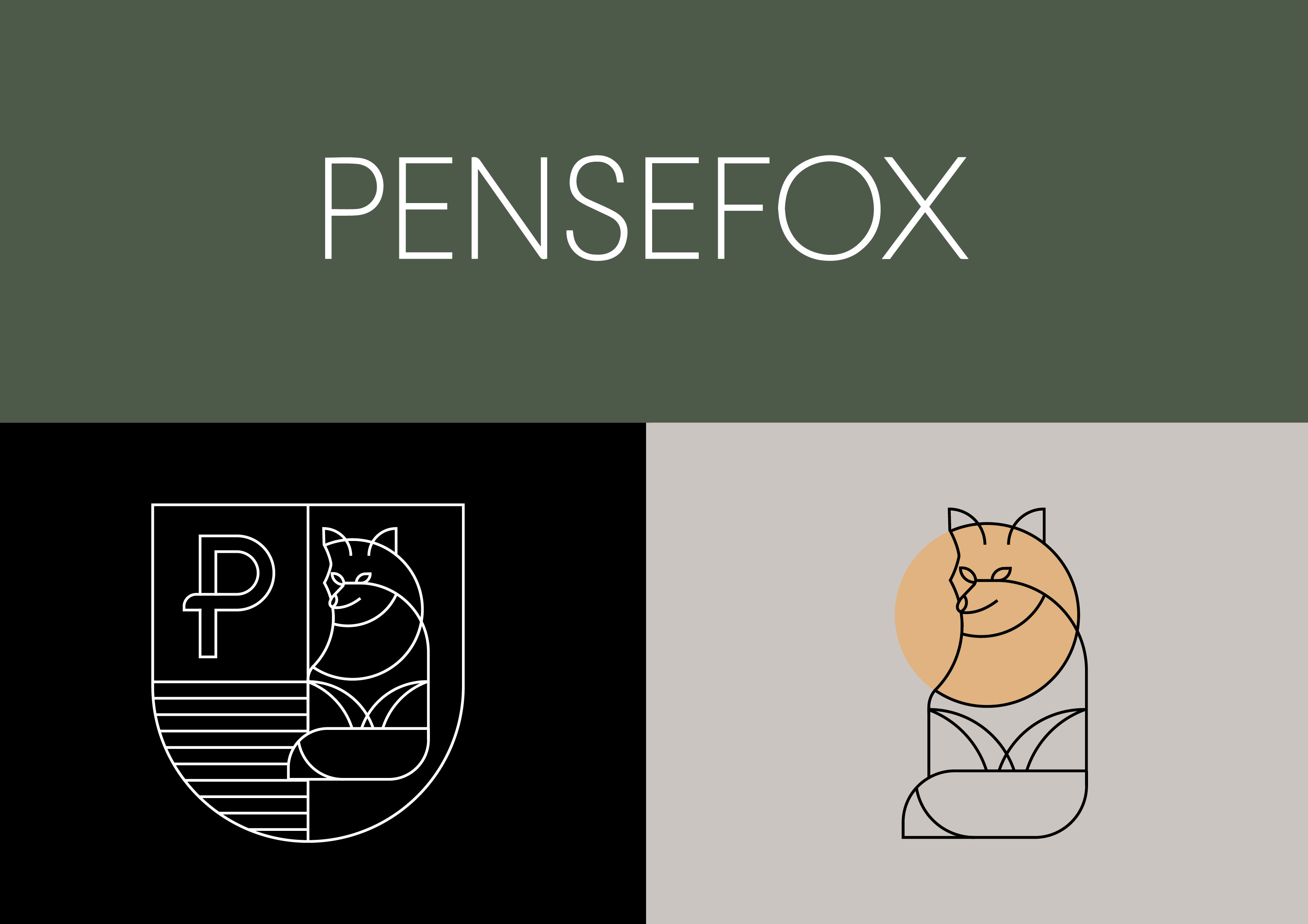 Pensefox logotype in white on green background. Pensefox crest in white on black background. Pensefox geometric line work fox in black with a gold circle overlaying its face all on a gray background.
