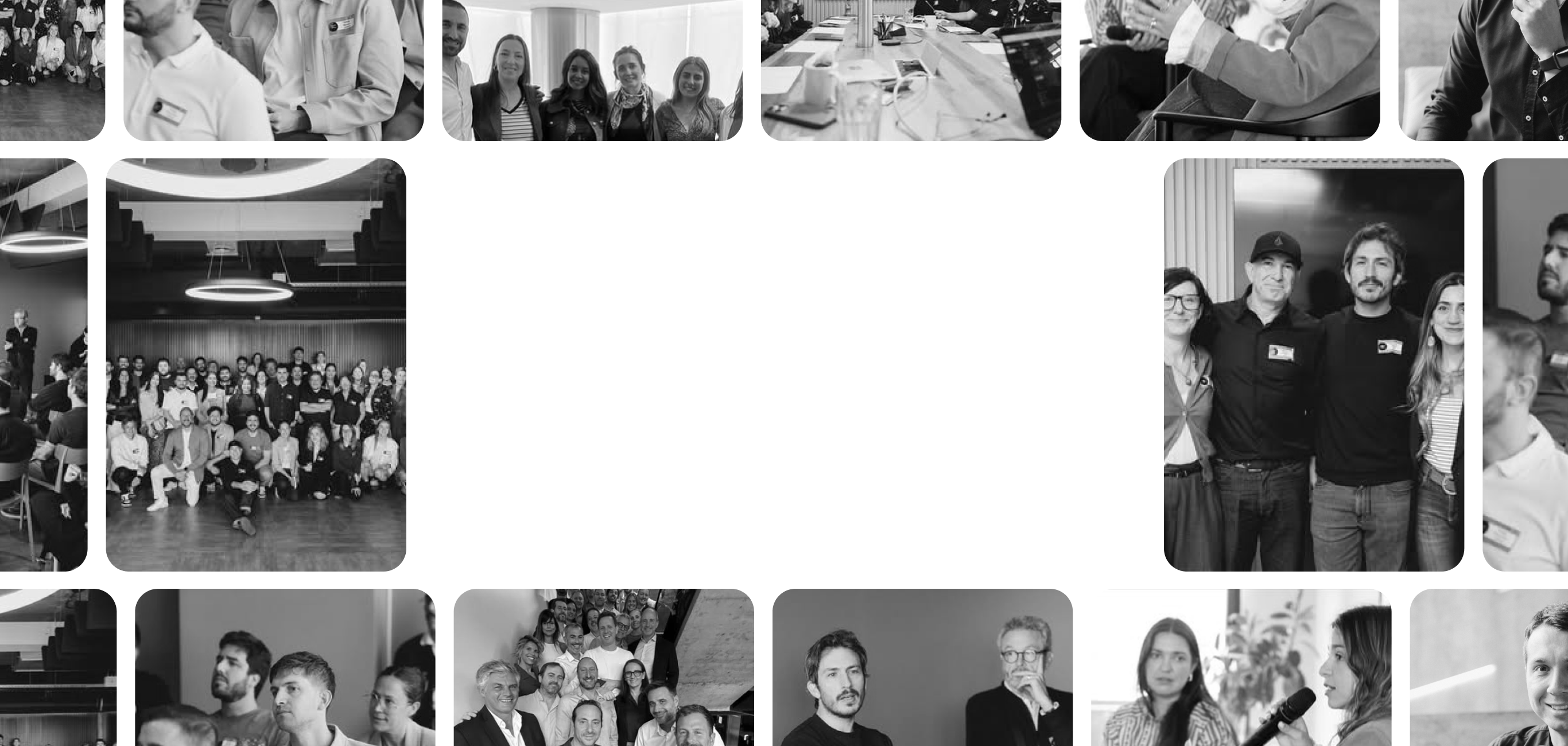 Collage of black and white photos showing groups of people in meetings, discussions, and posing for pictures.
