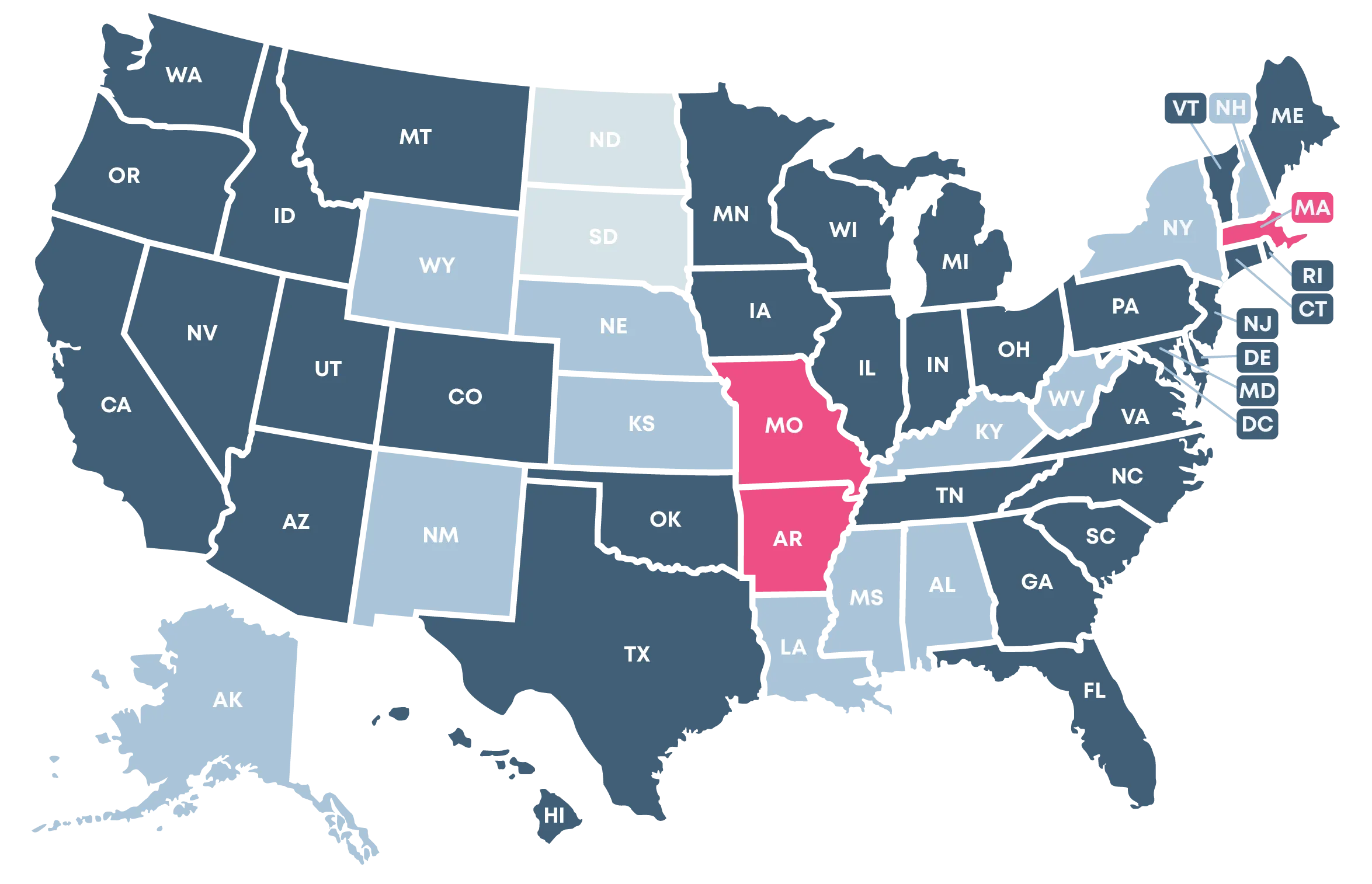 United States map of where Champions Funding is licensed