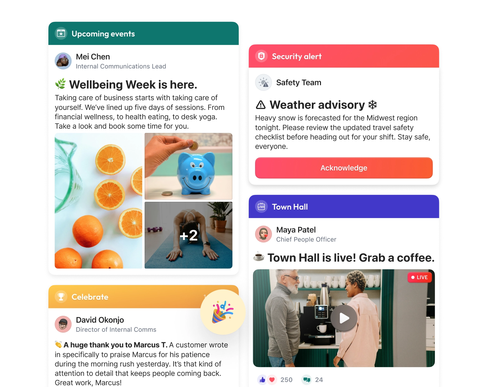 Mobile app home screen showing a live video post of a man in orange workwear next to a red truck, with user avatars and reactions visible, and two green fluffy animated characters waving at the bottom.