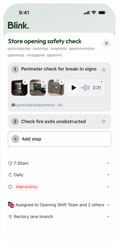 Mobile app screen showing a store opening safety checklist with perimeter and fire exit checks, photos, and audio.