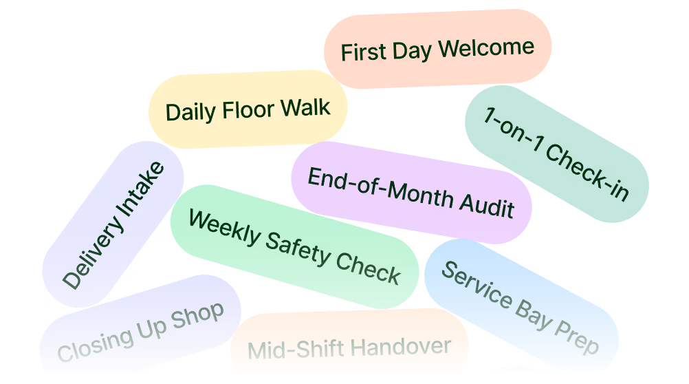 Colorful rounded rectangular labels arranged scattered, each with text representing workplace tasks: First Day Welcome, Daily Floor Walk, 1-on-1 Check-in, Delivery Intake, End-of-Month Audit, Weekly Safety Check, Service Bay Prep, Closing Up Shop, and Mid-Shift Handover.