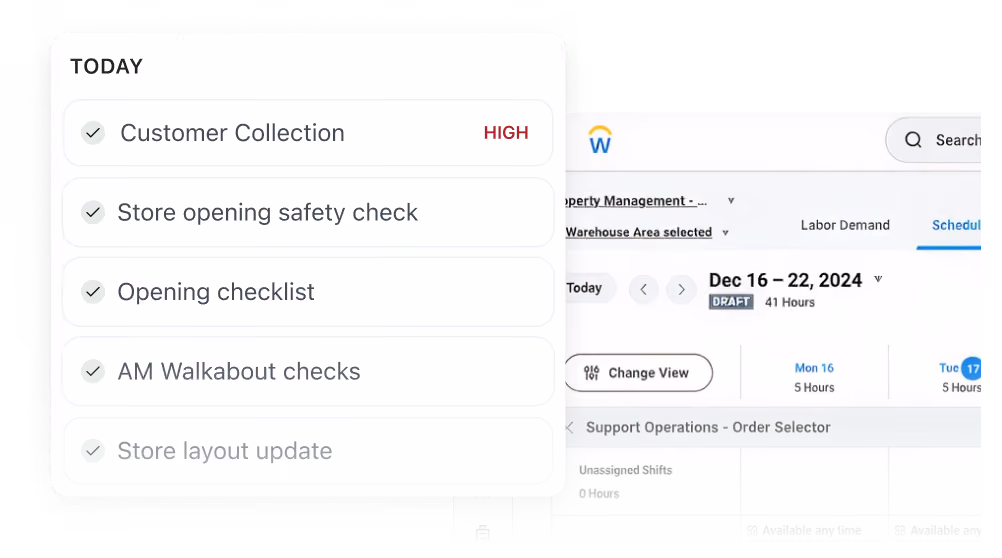 Digital task list titled 'TODAY' showing completed tasks: Customer Collection marked high priority, Store opening safety check, Opening checklist, AM Walkabout checks, and Store layout update.