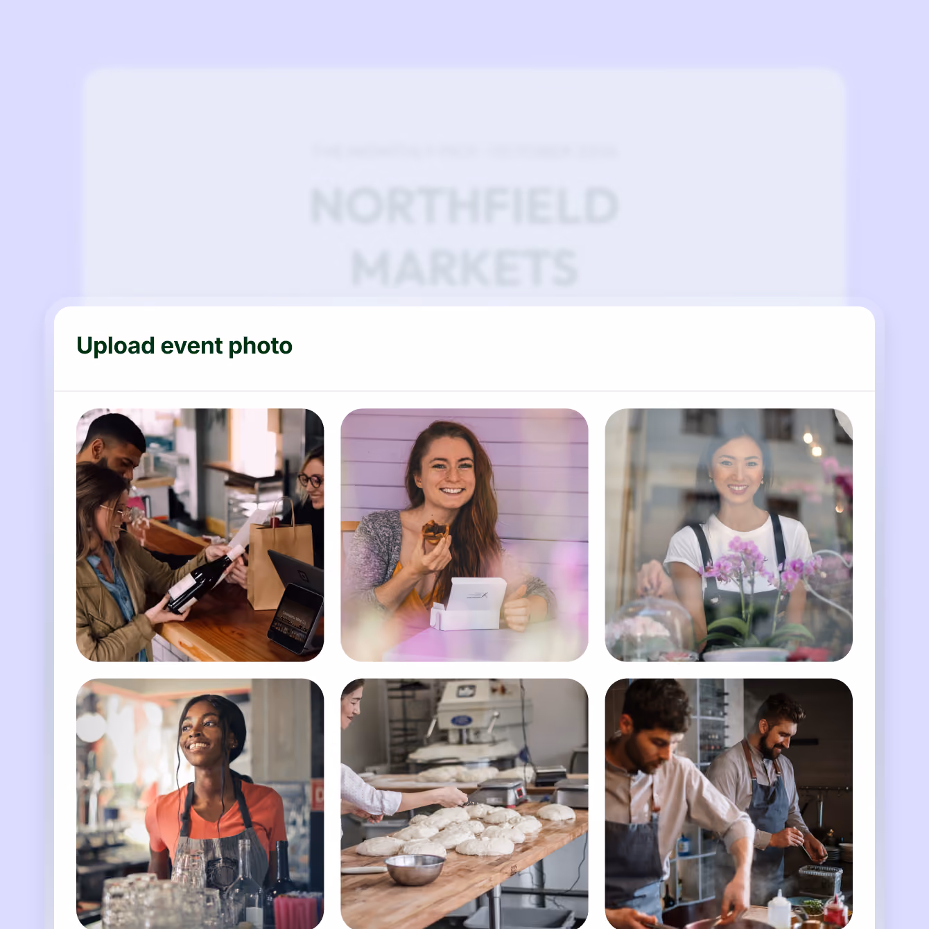 A collage of six photos depicting various event and market scenes: people shopping at a market counter, a smiling woman eating a pastry, a woman arranging flowers behind a glass, a bartender smiling among glasses, a person handling dough in a bakery, and two chefs preparing food in a kitchen.