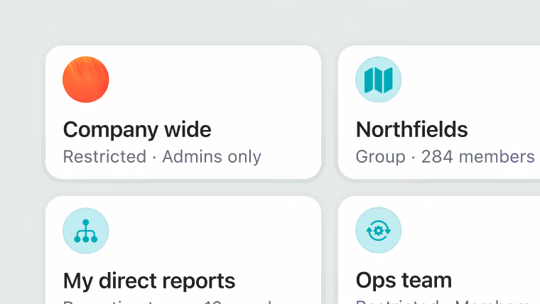 User interface displaying four sections labeled Company wide (restricted, admins only), Northfields (group, 284 members), My direct reports, and Ops team, each with a distinct icon.