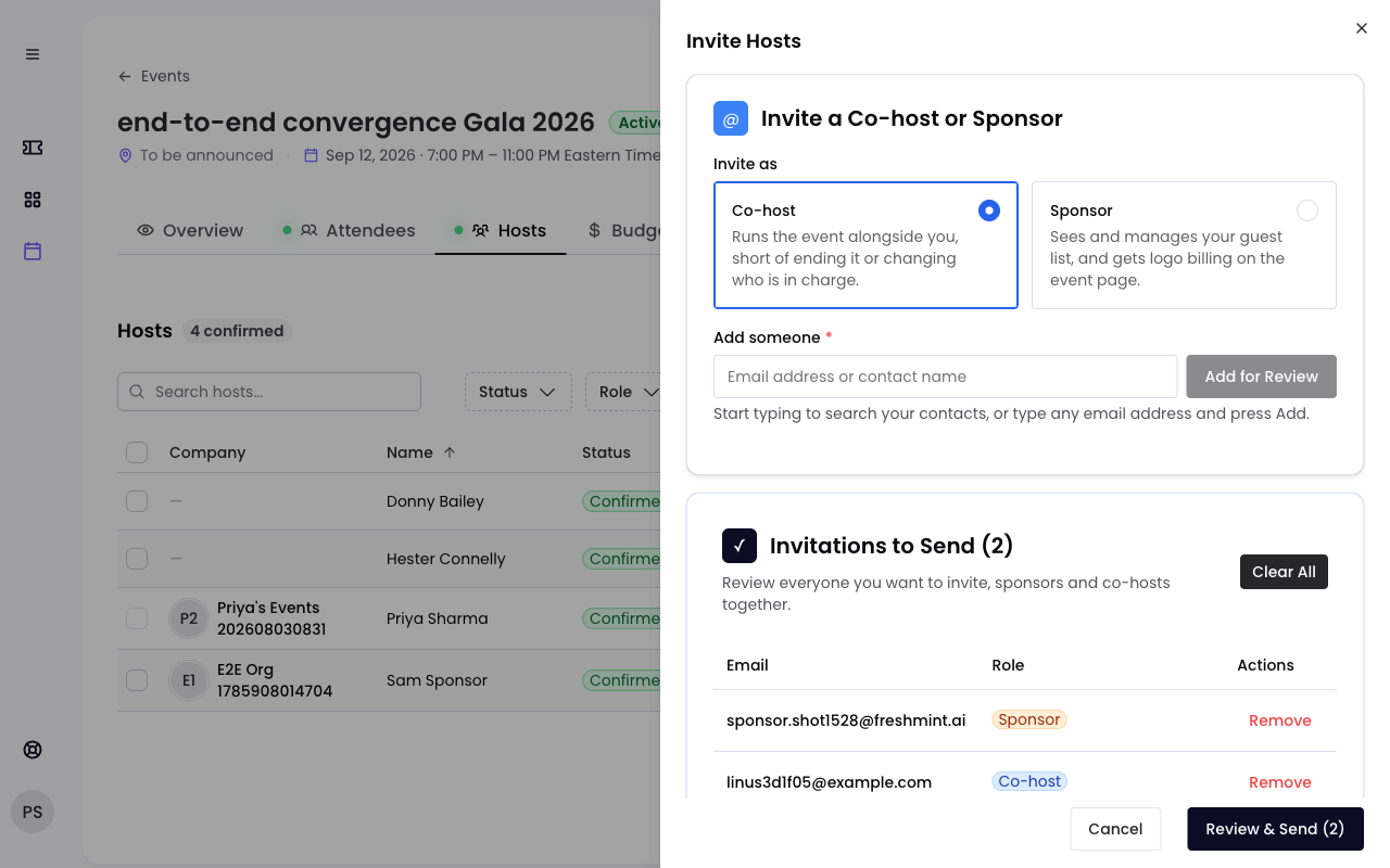 Invite Hosts: pick the role, add people, and send everyone at once.