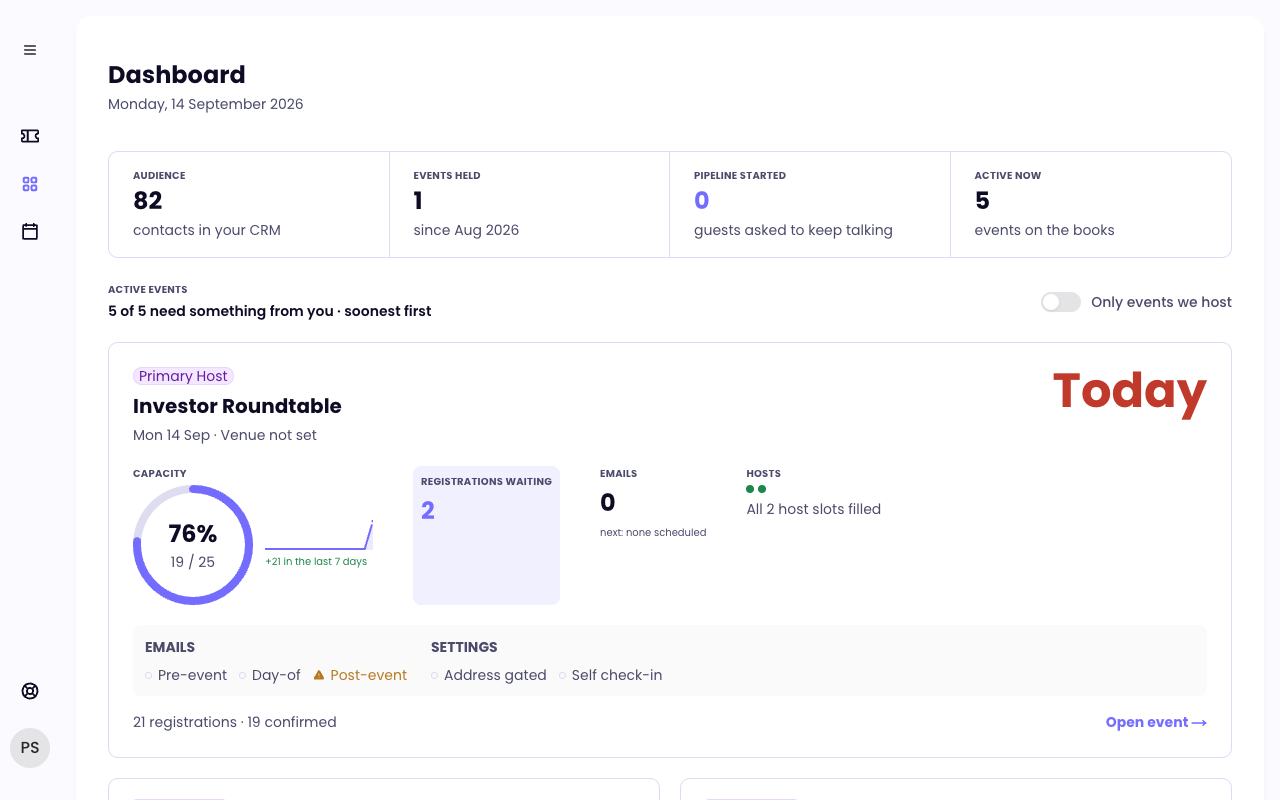 The Dashboard: one card per active event, with what needs your attention first.