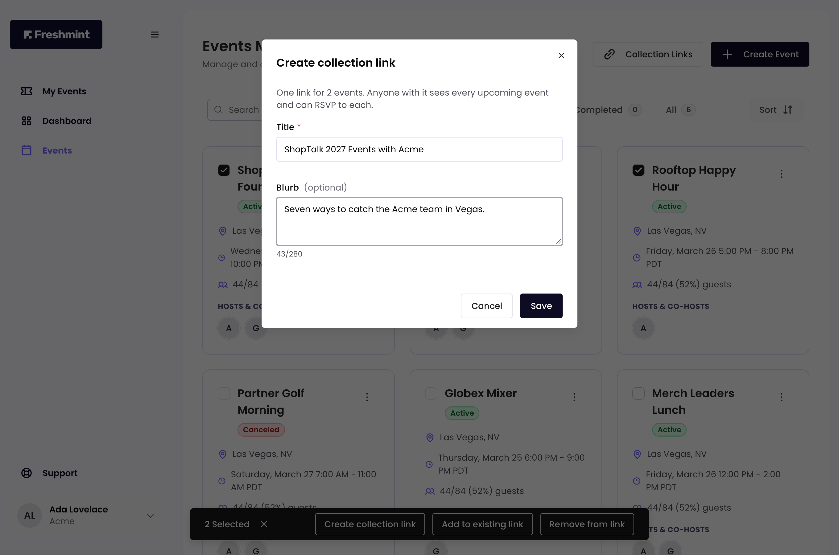 Creating a collection link for the events ticked on the Events page.