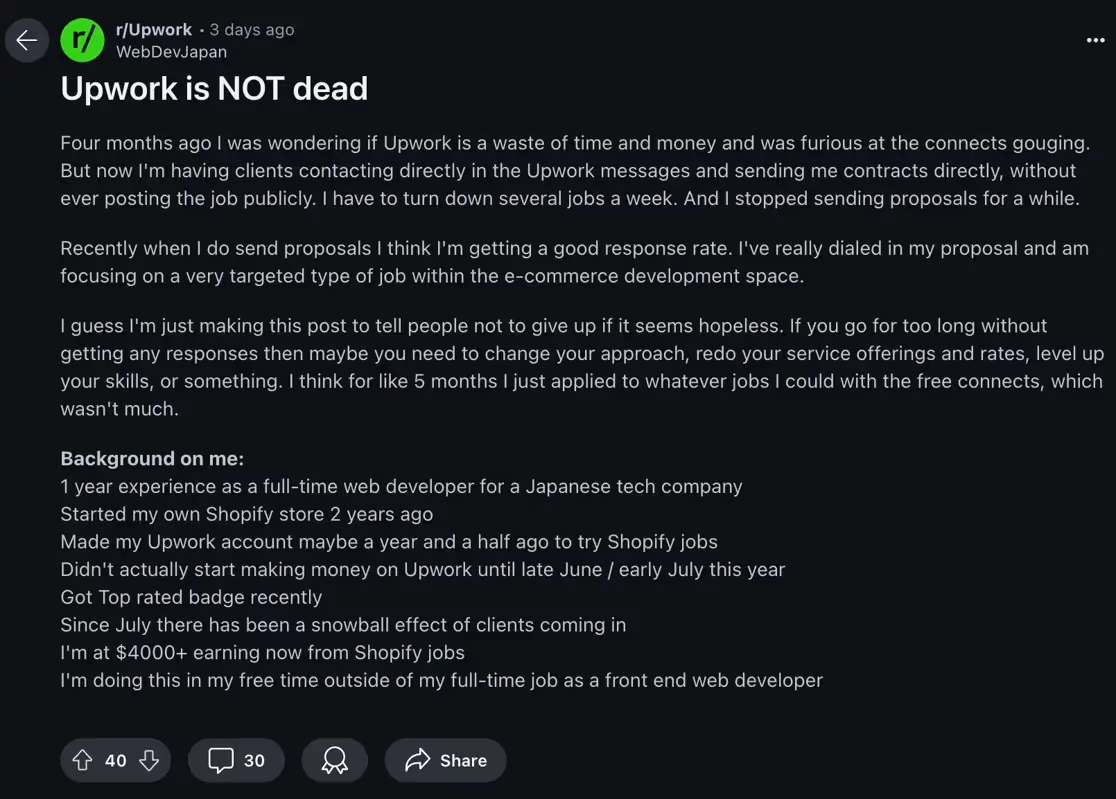 fresh post from an Upwork freelancer