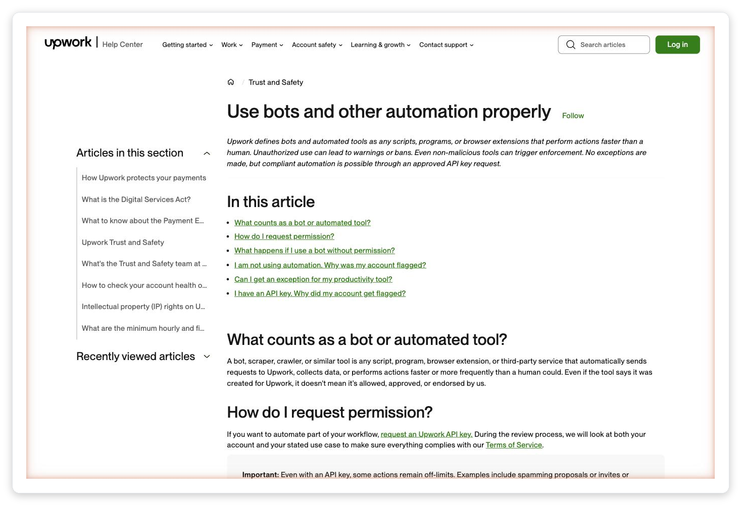 Upwork Help Center page titled Use bots and other automation properly, defining prohibited scripts and extensions
