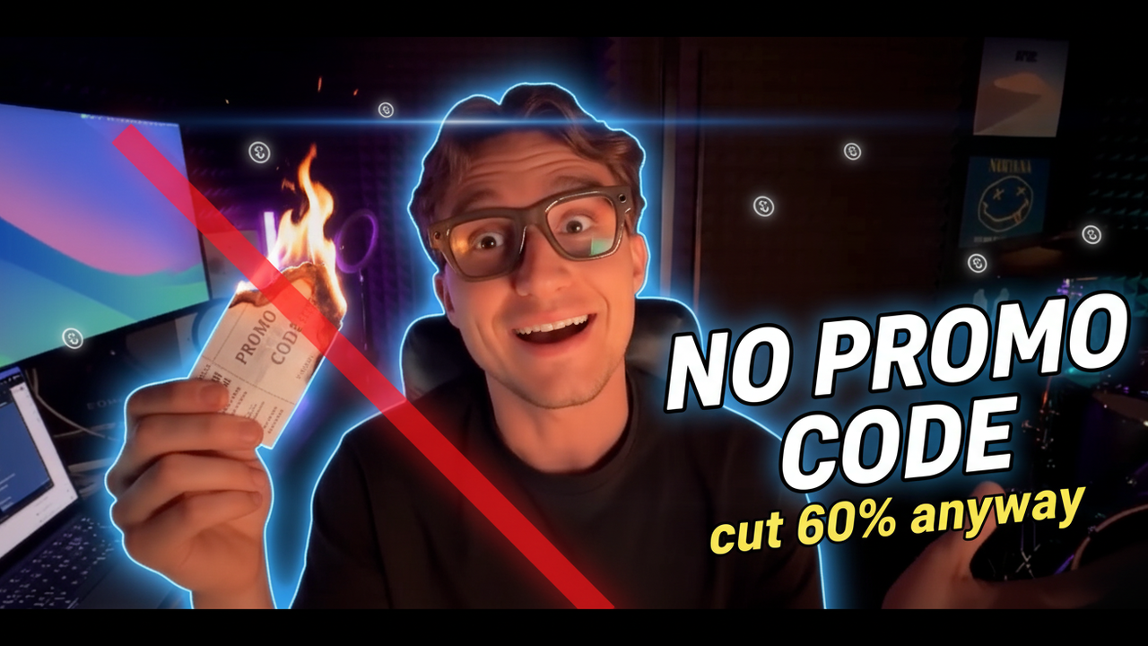 Vadym shocked, holding a burning promo code ticket — NO PROMO CODE, cut 60% anyway