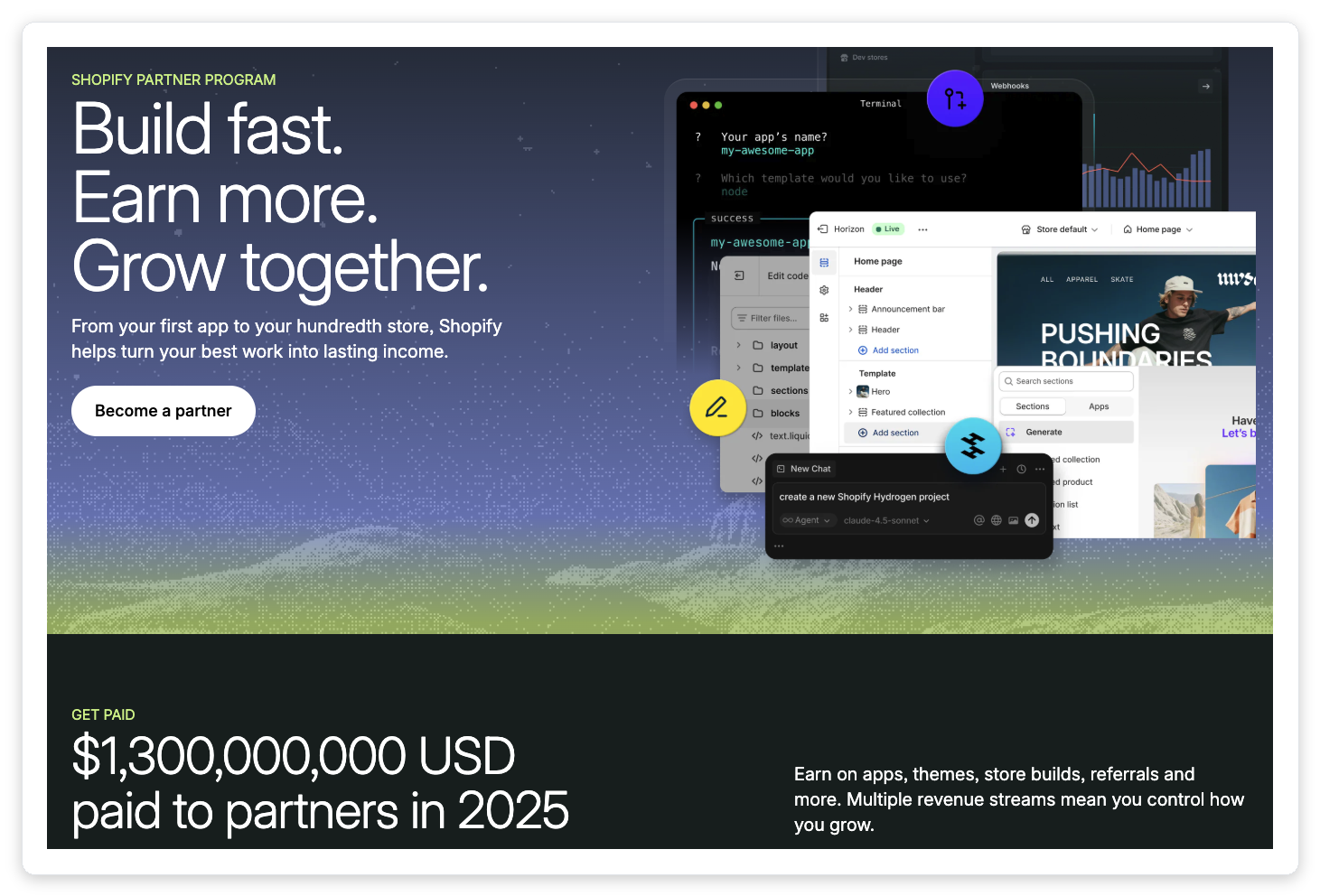 Shopify Partner Program homepage showing $1.3 billion paid to partners in 2025