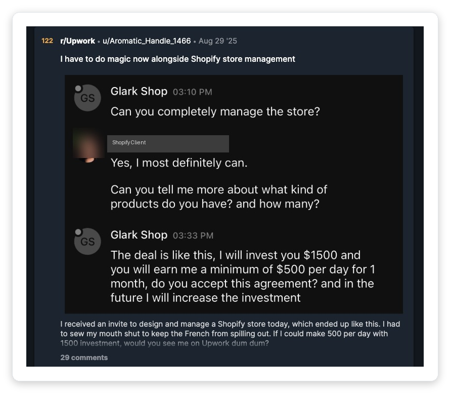 Reddit r/Upwork thread showing a client DM offering $1500 investment for $500/day returns on Shopify store management