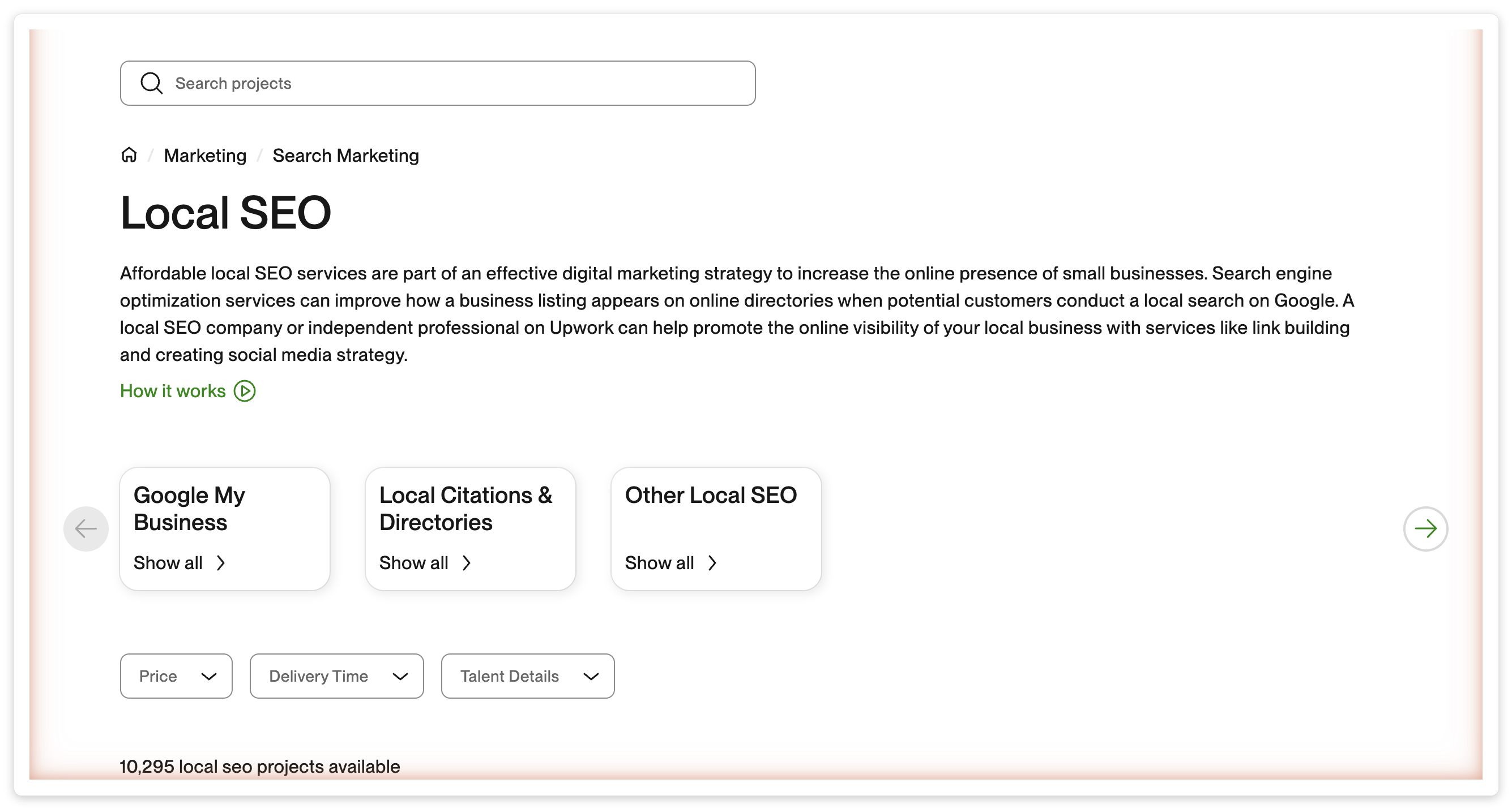 Upwork Local SEO category page showing 10,295 active SEO projects available