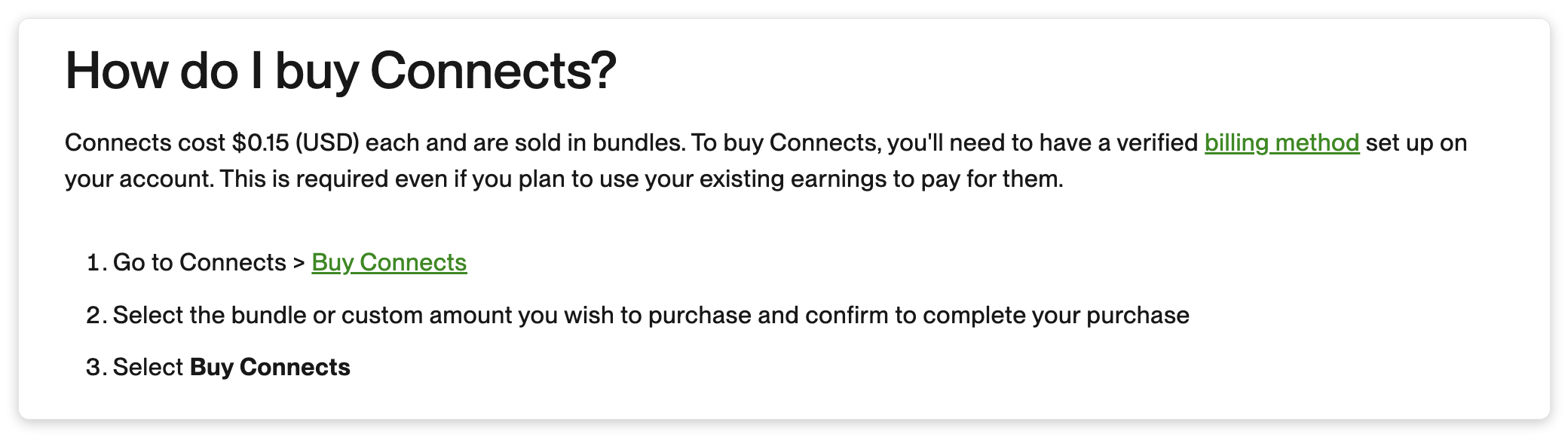 Upwork Connects pricing table showing $0.60 per connect and bundle pricing