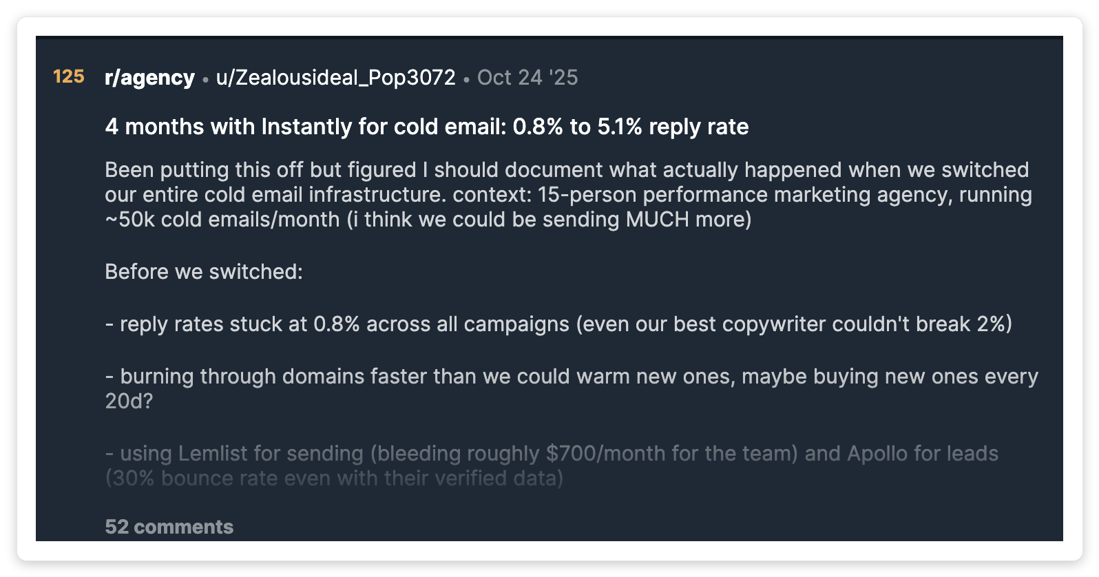 Reddit r/agency thread on cold email reply rates dropping with broad multi-service outreach